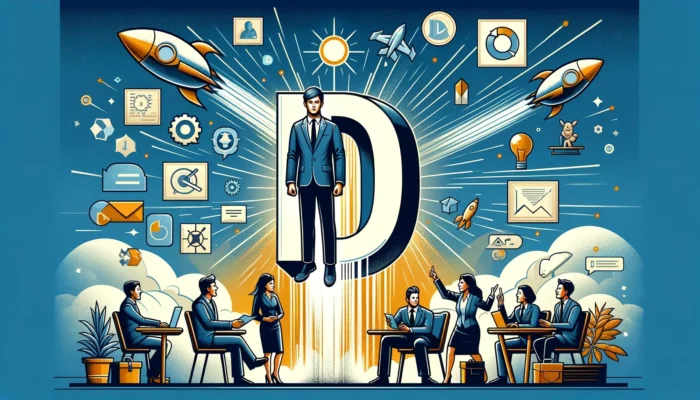 Illustration of the DiSC D personality style, with a business leader in front of a large D above coworkers in discussion.