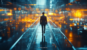 Business professional walking through a modern digital workspace surrounded by glowing leadership, analytics, and innovation icons representing management growth and leadership development.