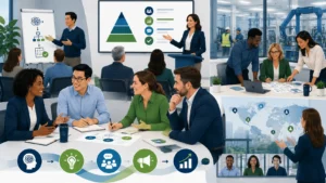 Employees participating in communication skills training focused on executive communication, presentations, leadership influence, and workplace collaboration within a global manufacturing organization.