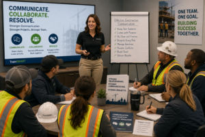 Construction project managers, superintendents, and field leaders participating in a TrainSMART communication and workplace professionalism training workshop focused on collaboration, emotional intelligence, and conflict resolution.