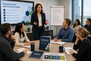 Employees participating in a TrainSMART Communication with Personal Impact workshop focused on executive presence, communication clarity, professionalism, and difficult conversations.