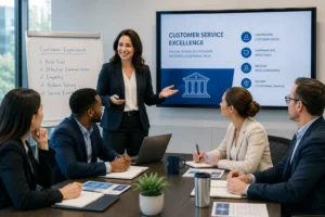 Financial services employees participating in a customized customer service training workshop focused on communication, professionalism, and customer experience.