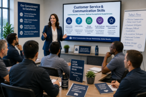Technical professionals participate in a customer service and communication skills training workshop focused on emotional intelligence, de-escalation, professionalism, and customer experience.