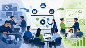 TrainSMART customer service and communication skills training illustration showing technical employees developing customer communication, emotional intelligence, professionalism, and collaboration skills through a customized workforce development program.