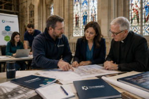 Office staff, field technicians, and project stakeholders collaborating on a stained glass restoration project while participating in customer service and conflict resolution training.