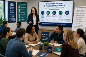 Employees participate in a customer service and teamwork training workshop focused on communication, collaboration, problem-solving, and workplace effectiveness.