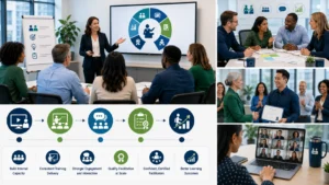 Employees participating in a facilitation certification program designed to develop internal trainers, improve onboarding consistency, and expand organizational training capacity.