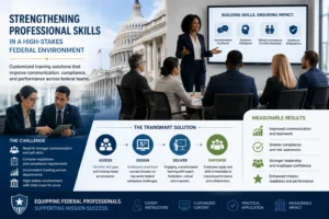 Federal employees participating in professional development training focused on communication, emotional intelligence, leadership, and workforce effectiveness.