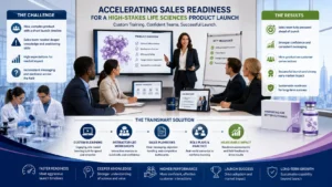 Sales representatives participating in life sciences product launch training focused on product knowledge, compliant messaging, and sales readiness.