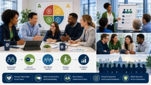 Public health employees and leaders participating in communication and leadership development training designed to improve collaboration, workplace culture, and organizational effectiveness.
