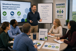 Employees participating in a TrainSMART cross-functional communication workshop focused on situational awareness, collaboration, reducing assumptions, and improving teamwork.