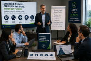 Senior leaders participating in a TrainSMART strategic thinking and problem-solving workshop focused on organizational change, leadership development, decision-making, and business transformation.