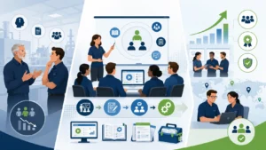 Train-the-Trainer workshop illustration showing experienced employees transferring knowledge to internal trainers who develop workforce skills and improve organizational performance.