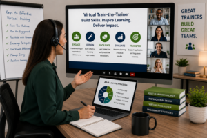 Professional facilitator leading a virtual Train-the-Trainer workshop focused on online facilitation, learner engagement, adult learning principles, and virtual classroom management.