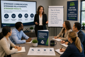 Employees participating in a TrainSMART communication, professionalism, and conflict resolution workshop focused on emotional intelligence, workplace relationships, customer service, and collaboration.