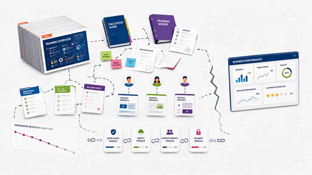 Fragmented workplace training materials, inconsistent onboarding versions, declining knowledge retention, disconnected compliance modules, and training separated from business performance.